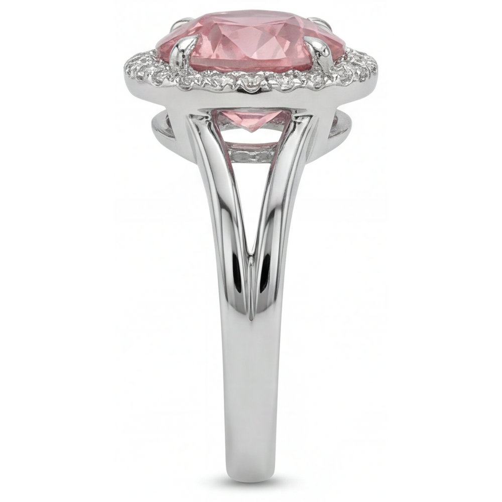 Padparadscha-Ring, 4,3 Karat, im Labor gezüchteter runder Saphir, Halo, 14 Karat Weißgold