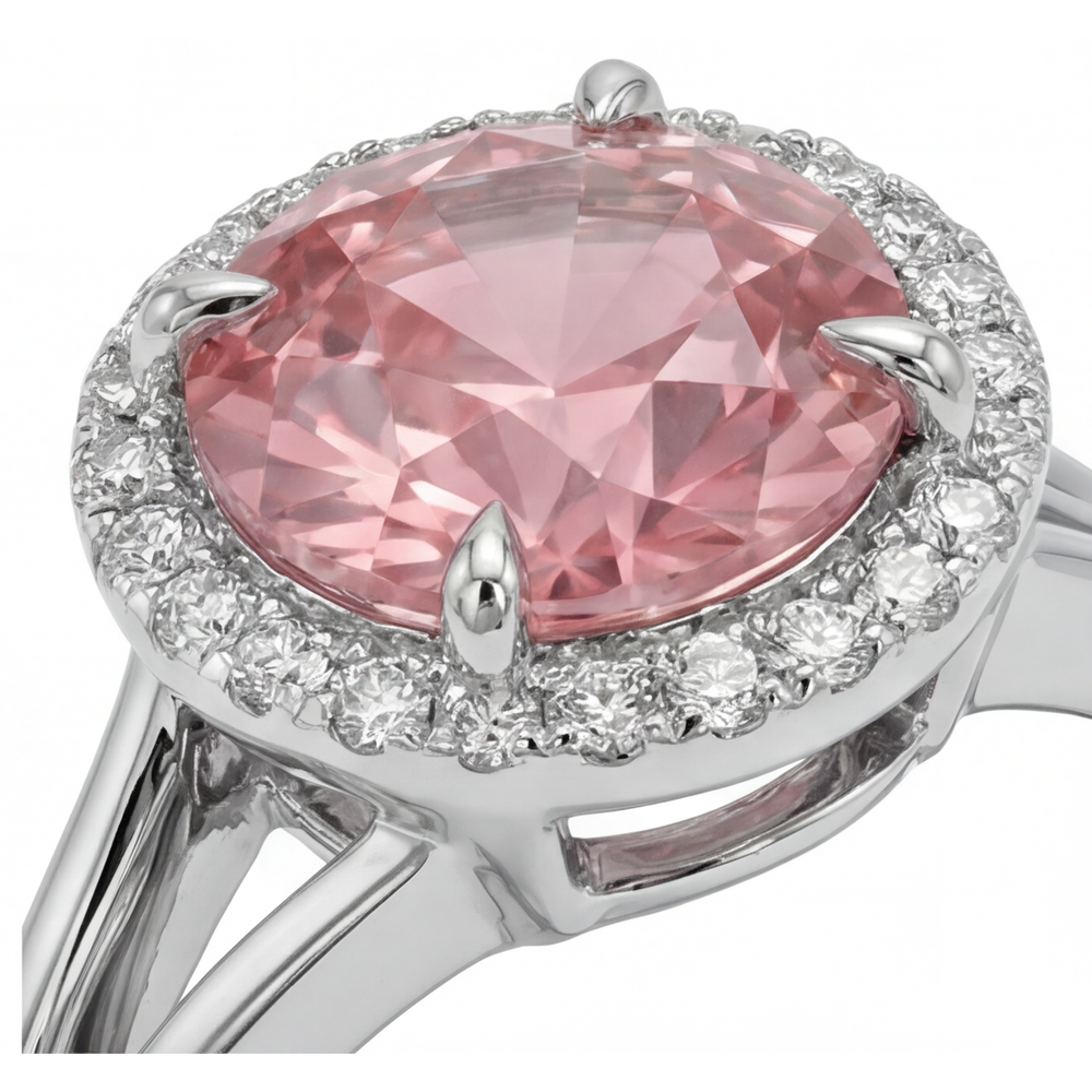 Padparadscha-Ring, 4,3 Karat, im Labor gezüchteter runder Saphir, Halo, 14 Karat Weißgold