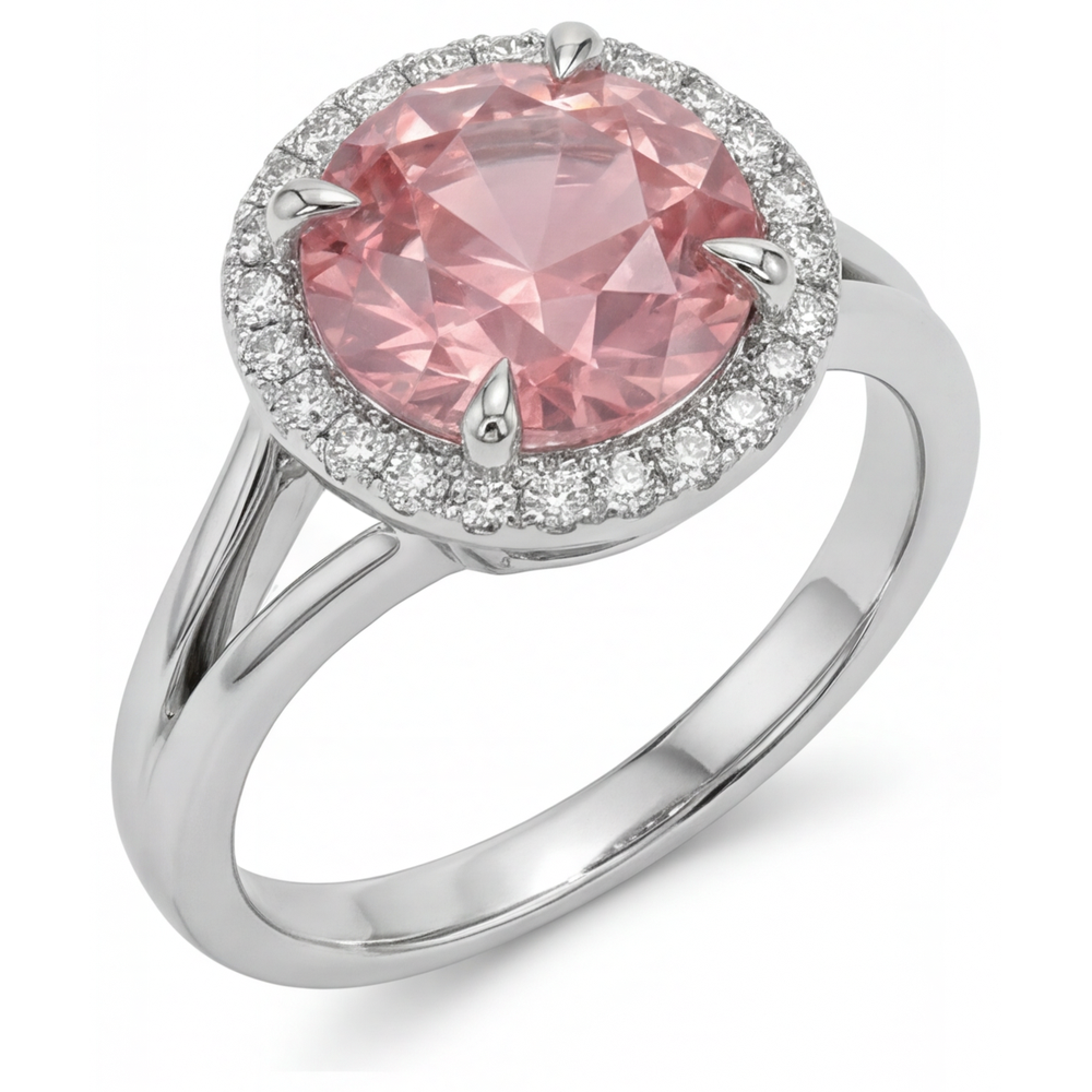 Padparadscha-Ring, 4,3 Karat, im Labor gezüchteter runder Saphir, Halo, 14 Karat Weißgold