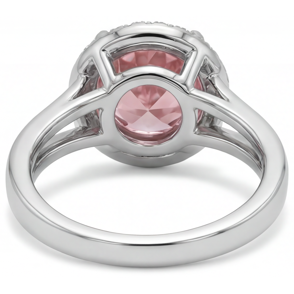 Padparadscha-Ring, 4,3 Karat, im Labor gezüchteter runder Saphir, Halo, 14 Karat Weißgold