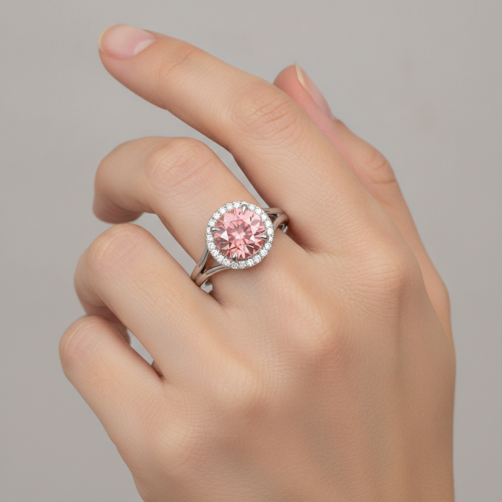 Padparadscha-Ring, 4,3 Karat, im Labor gezüchteter runder Saphir, Halo, 14 Karat Weißgold