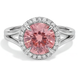 Padparadscha-Ring, 4,3 Karat, im Labor gezüchteter runder Saphir, Halo, 14 Karat Weißgold