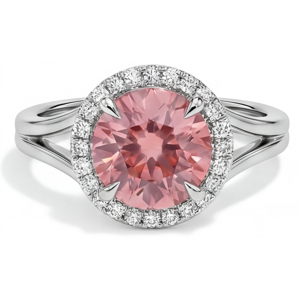 Padparadscha-Ring, 4,3 Karat, im Labor gezüchteter runder Saphir, Halo, 14 Karat Weißgold