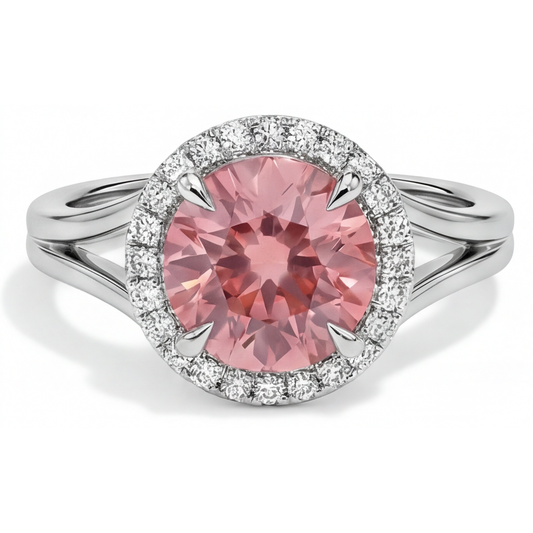 Padparadscha-Ring, 4,3 Karat, im Labor gezüchteter runder Saphir, Halo, 14 Karat Weißgold