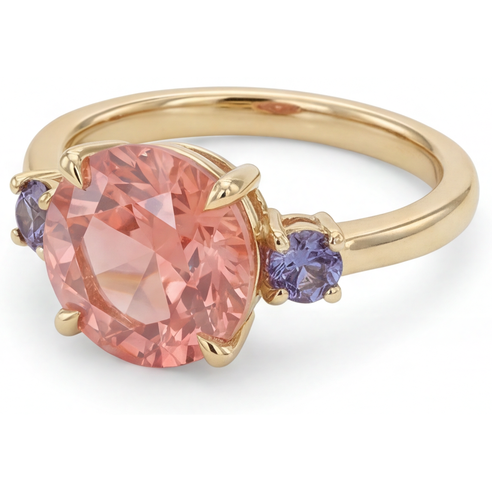 Antiker Padparadscha-Saphir-Ring 4,8 Karat im Labor gezüchtet rund Dreistein 14 Karat Gelbgold