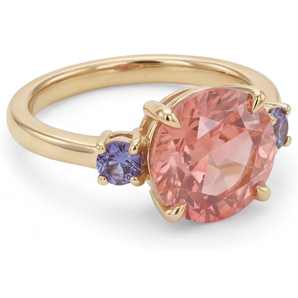 Antiker Padparadscha-Saphir-Ring 4,8 Karat im Labor gezüchtet rund Dreistein 14 Karat Gelbgold