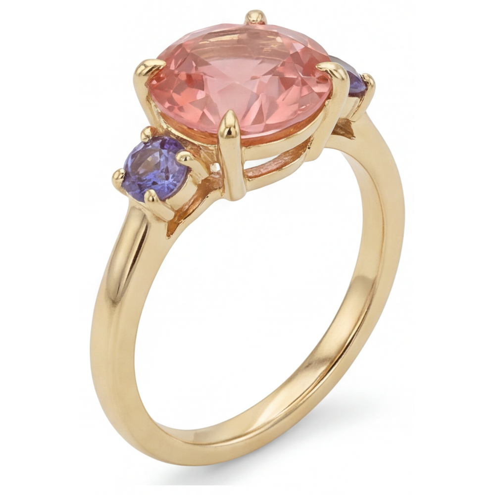 Antiker Padparadscha-Saphir-Ring 4,8 Karat im Labor gezüchtet rund Dreistein 14 Karat Gelbgold