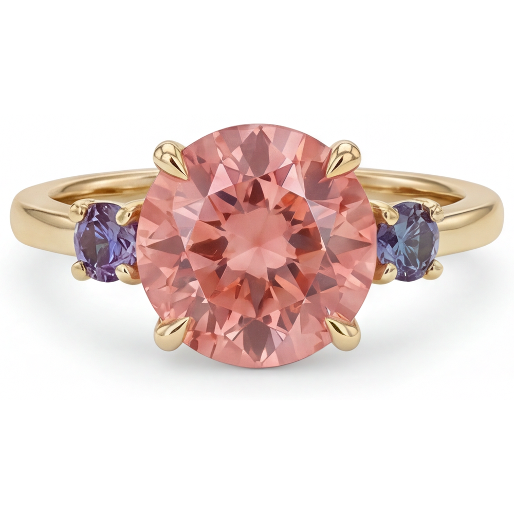 Antiker Padparadscha-Saphir-Ring 4,8 Karat im Labor gezüchtet rund Dreistein 14 Karat Gelbgold