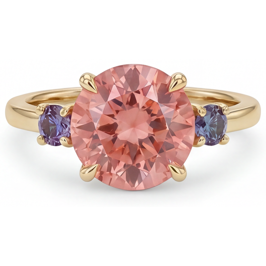 Antiker Padparadscha-Saphir-Ring 4,8 Karat im Labor gezüchtet rund Dreistein 14 Karat Gelbgold