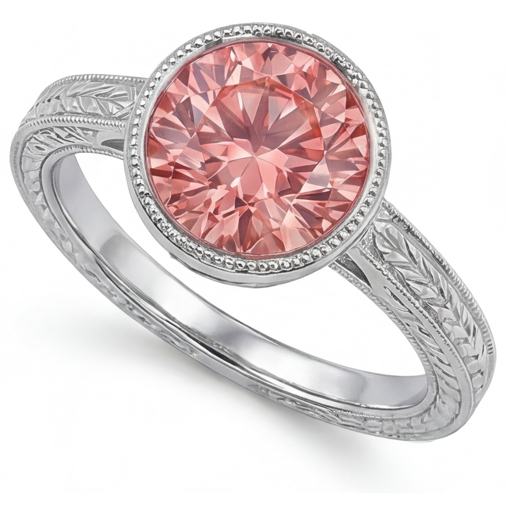 Padparadscha-Ring, 4 Karat, im Labor gezüchtet, runder Saphir, Lünette, Solitär, 14 Karat Weißgold