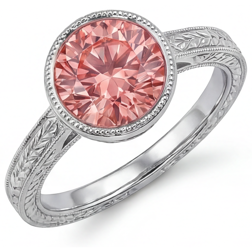 Padparadscha-Ring, 4 Karat, im Labor gezüchtet, runder Saphir, Lünette, Solitär, 14 Karat Weißgold