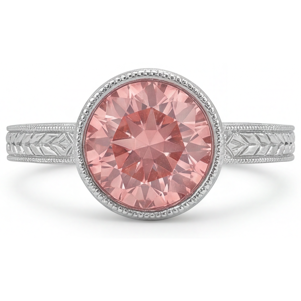 Padparadscha-Ring, 4 Karat, im Labor gezüchtet, runder Saphir, Lünette, Solitär, 14 Karat Weißgold