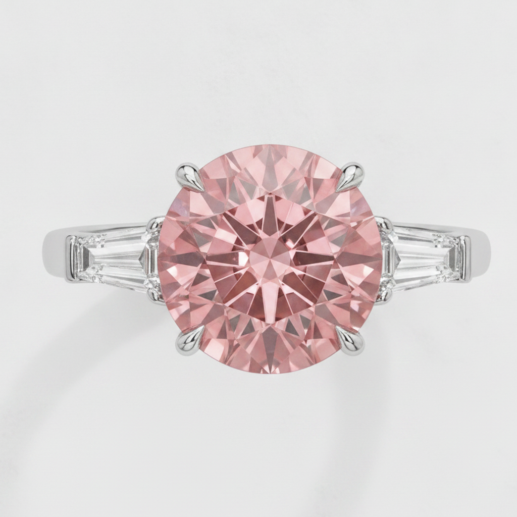 Dreistein-Ring aus Platin mit echtem runden Padparadscha-Saphir 3,1 Karat und weissen Baguettes
