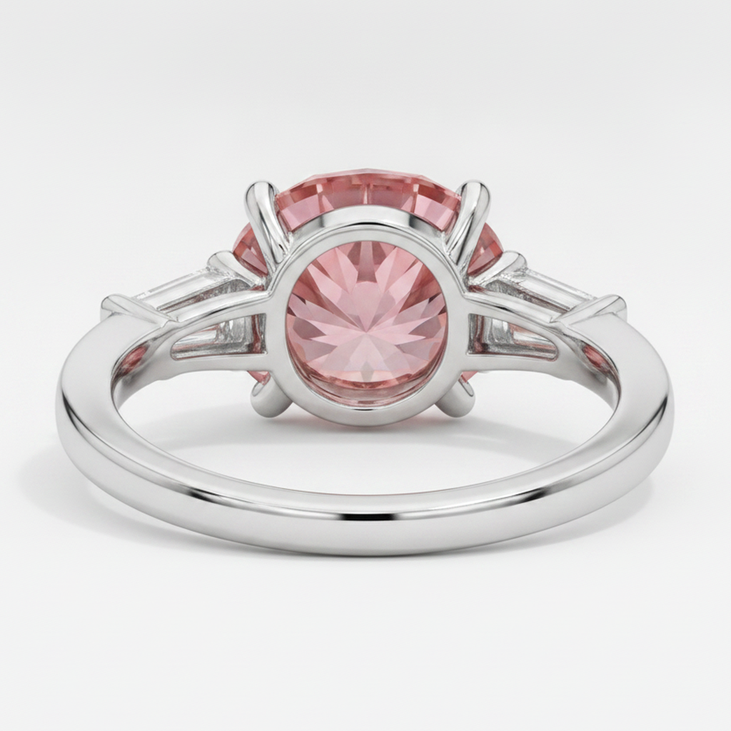 Dreistein-Ring aus Platin mit echtem runden Padparadscha-Saphir 3,1 Karat und weissen Baguettes