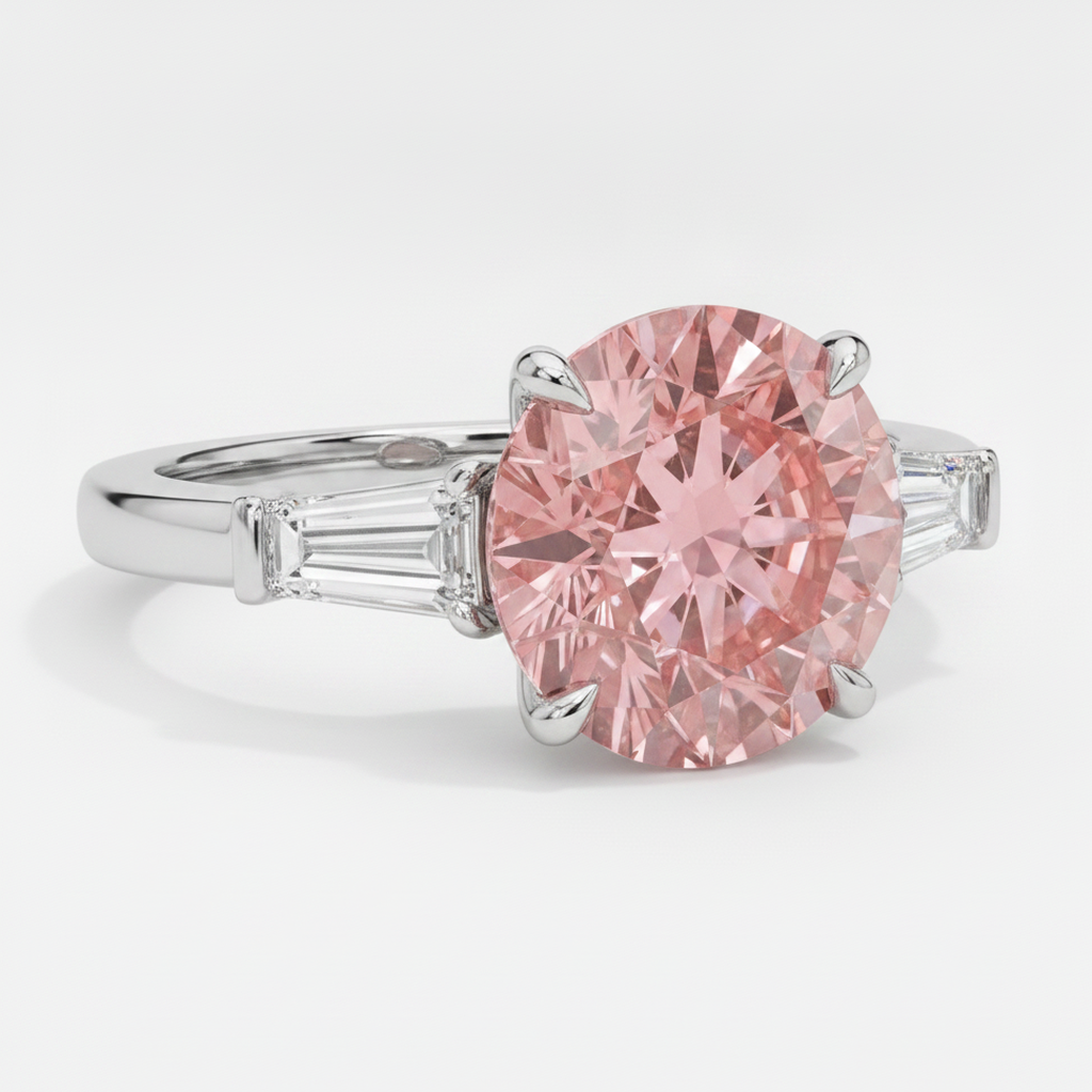 Dreistein-Ring aus Platin mit echtem runden Padparadscha-Saphir 3,1 Karat und weissen Baguettes