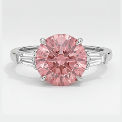 Dreistein-Ring aus Platin mit echtem runden Padparadscha-Saphir 3,1 Karat und weissen Baguettes