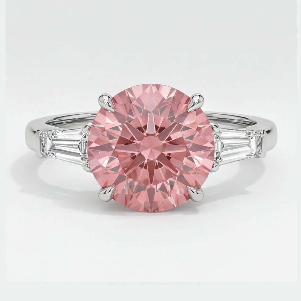 Dreistein-Ring aus Platin mit echtem runden Padparadscha-Saphir 3,1 Karat und weissen Baguettes