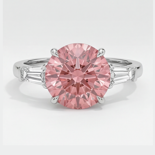 Dreistein-Ring aus Platin mit echtem runden Padparadscha-Saphir 3,1 Karat und weissen Baguettes