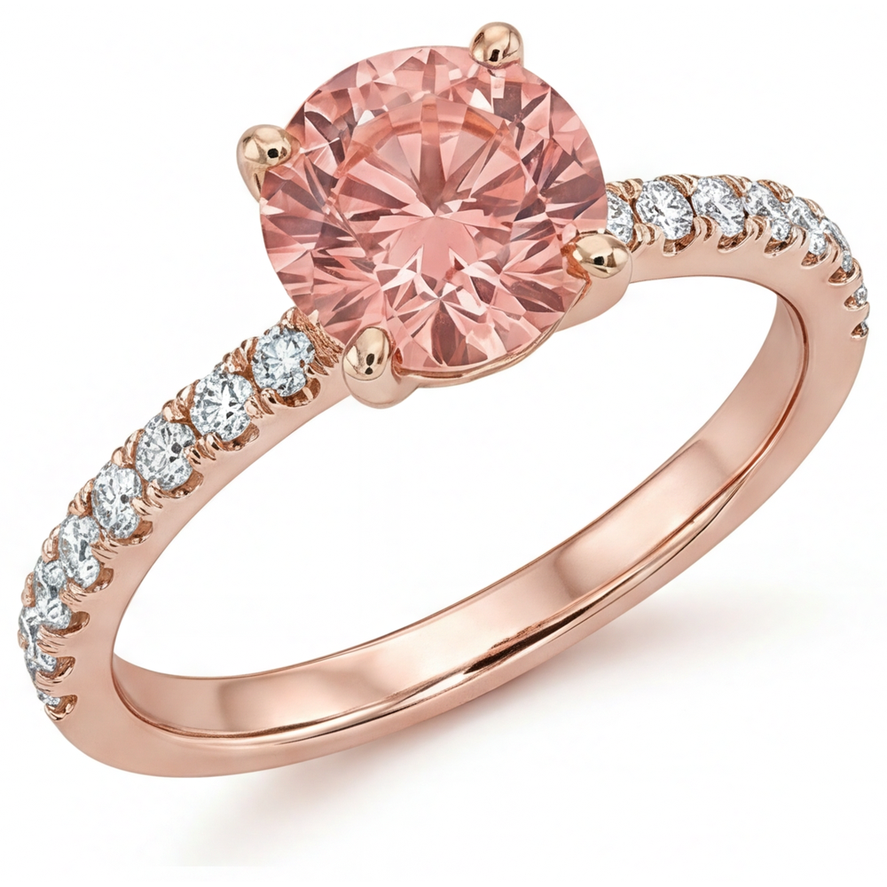 Padparadscha Verlobungsring 1,8 Karat Echter Runder Saphir Pavé 14 Karat Roségold