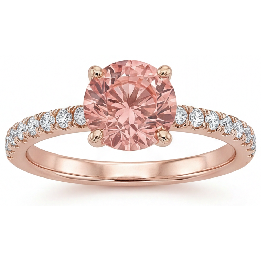 Padparadscha Verlobungsring 1,8 Karat Echter Runder Saphir Pavé 14 Karat Roségold