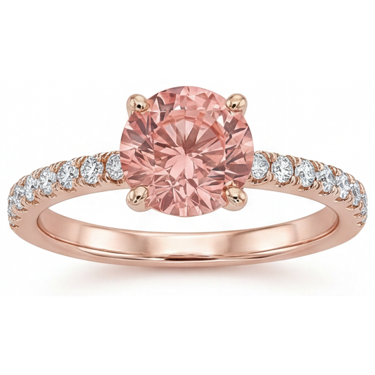 Padparadscha Verlobungsring 1,8 Karat Echter Runder Saphir Pavé 14 Karat Roségold