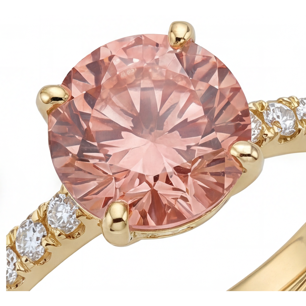 Padparadscha-Ring 2,3 Karat natürlicher runder Saphir Pavé 14 Karat Gelbgold