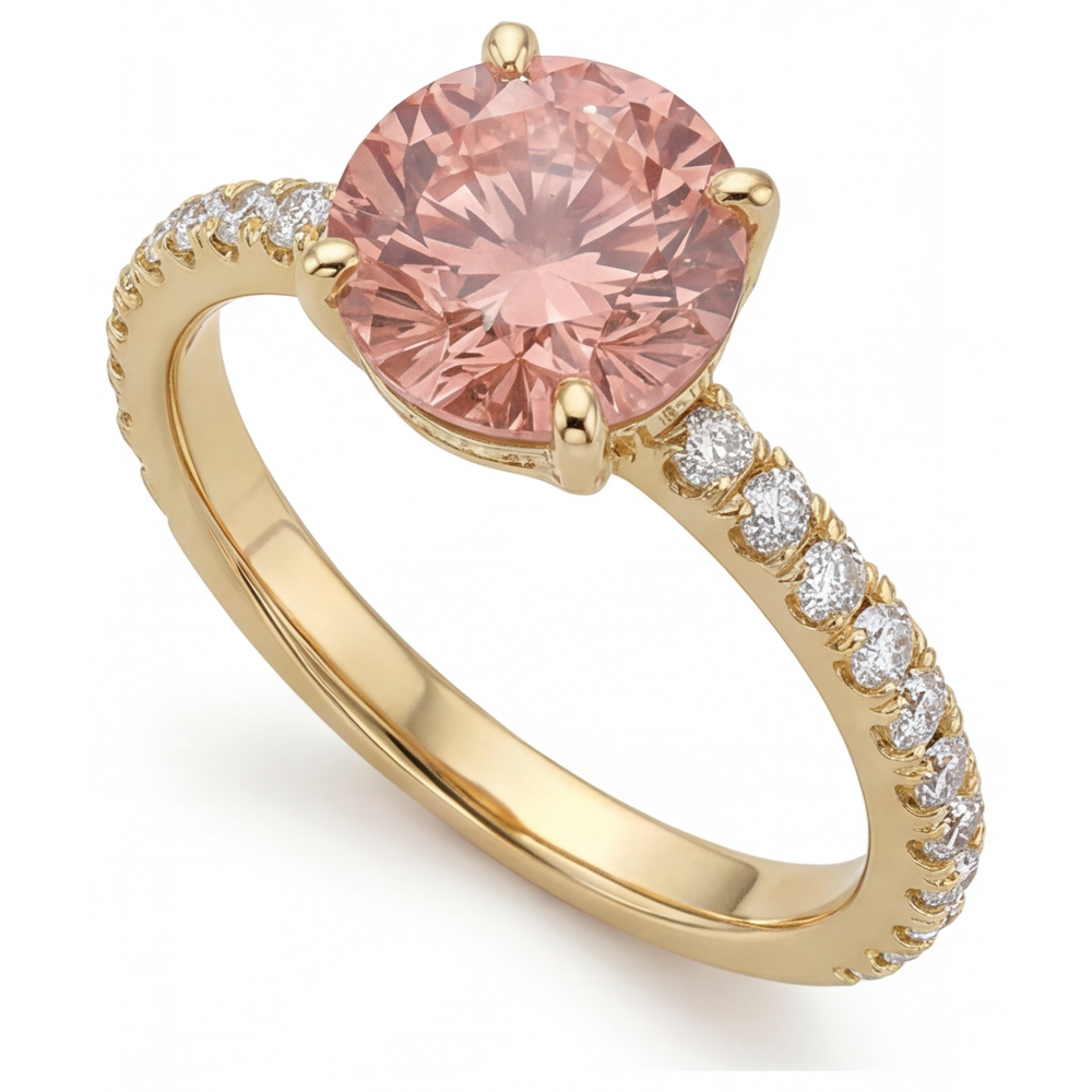 Padparadscha-Ring 2,3 Karat natürlicher runder Saphir Pavé 14 Karat Gelbgold