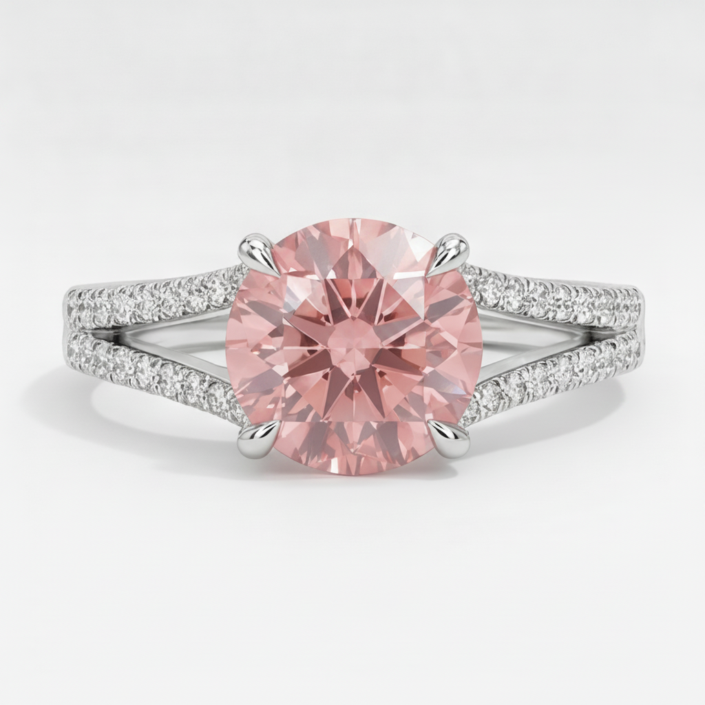 Pfirsich-Saphir Verlobungsring 2,6 Karat Natürlicher Runder Padparadscha Geteilte Ringschiene 14 Karat Weißgold