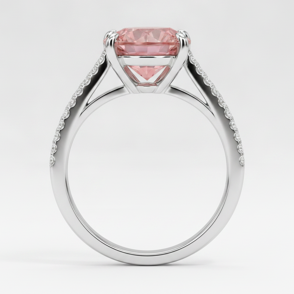 Pfirsich-Saphir Verlobungsring 2,6 Karat Natürlicher Runder Padparadscha Geteilte Ringschiene 14 Karat Weißgold