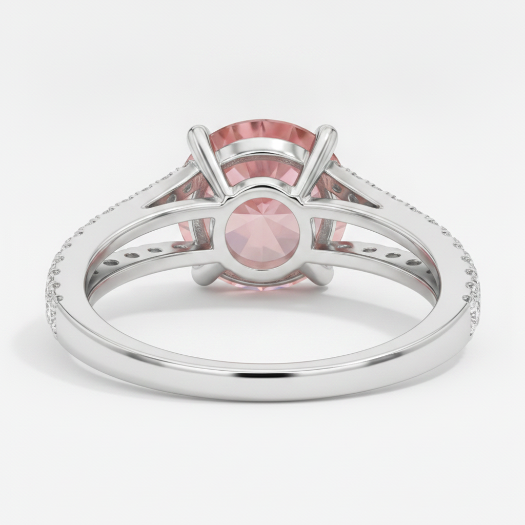 Pfirsich-Saphir Verlobungsring 2,6 Karat Natürlicher Runder Padparadscha Geteilte Ringschiene 14 Karat Weißgold