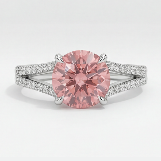 Pfirsich-Saphir Verlobungsring 2,6 Karat Natürlicher Runder Padparadscha Geteilte Ringschiene 14 Karat Weißgold