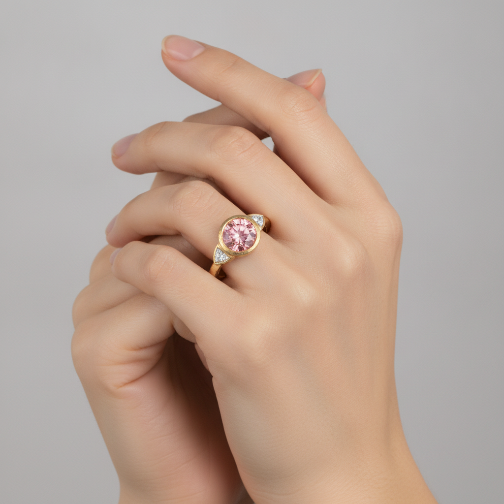 Padparadscha-Ring mit 2,6 Karat natürlichem rundem Saphir und weissem Trillant, Lünette, Dreistein-Design, 14 Karat Gelbgold