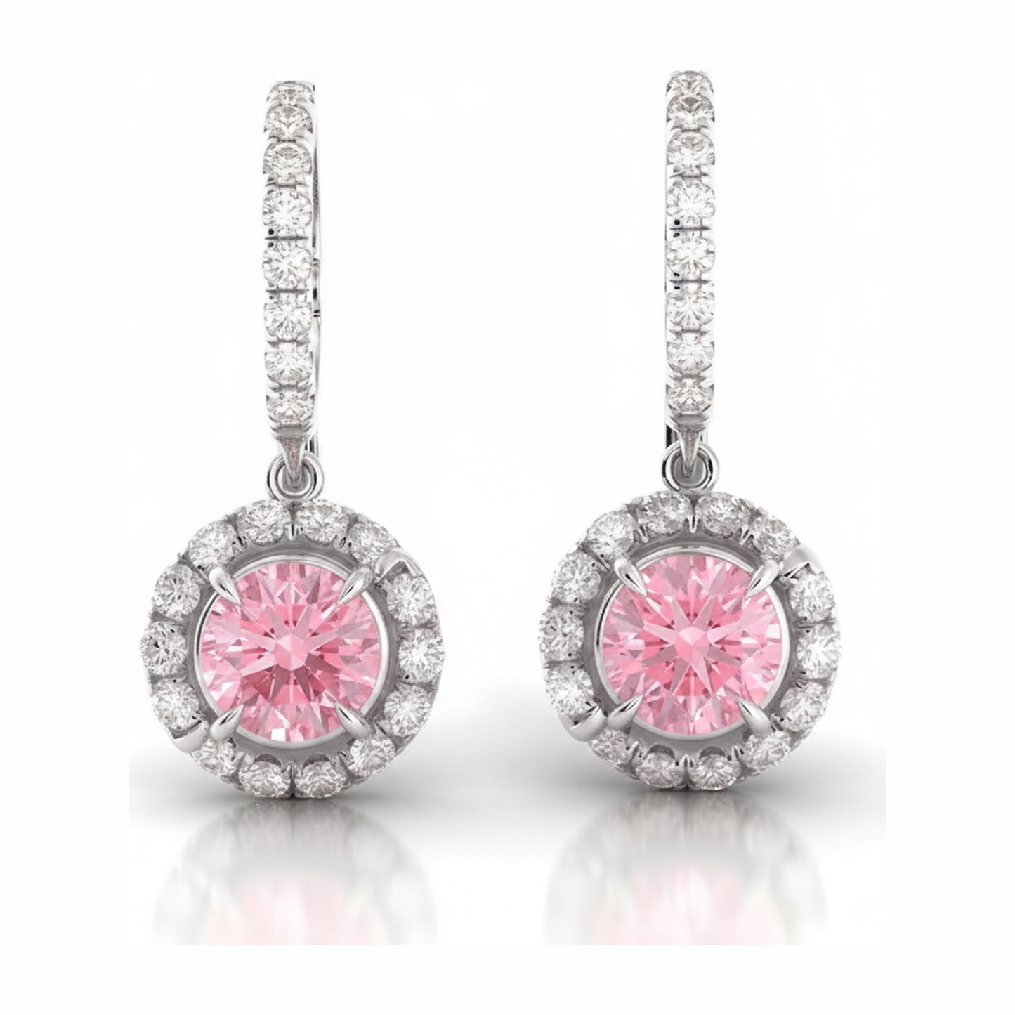 Rosa Diamant-Ohrringe 1,5 Karat im Labor gezüchtet Rund Halo Brisur 14 Karat Weißgold