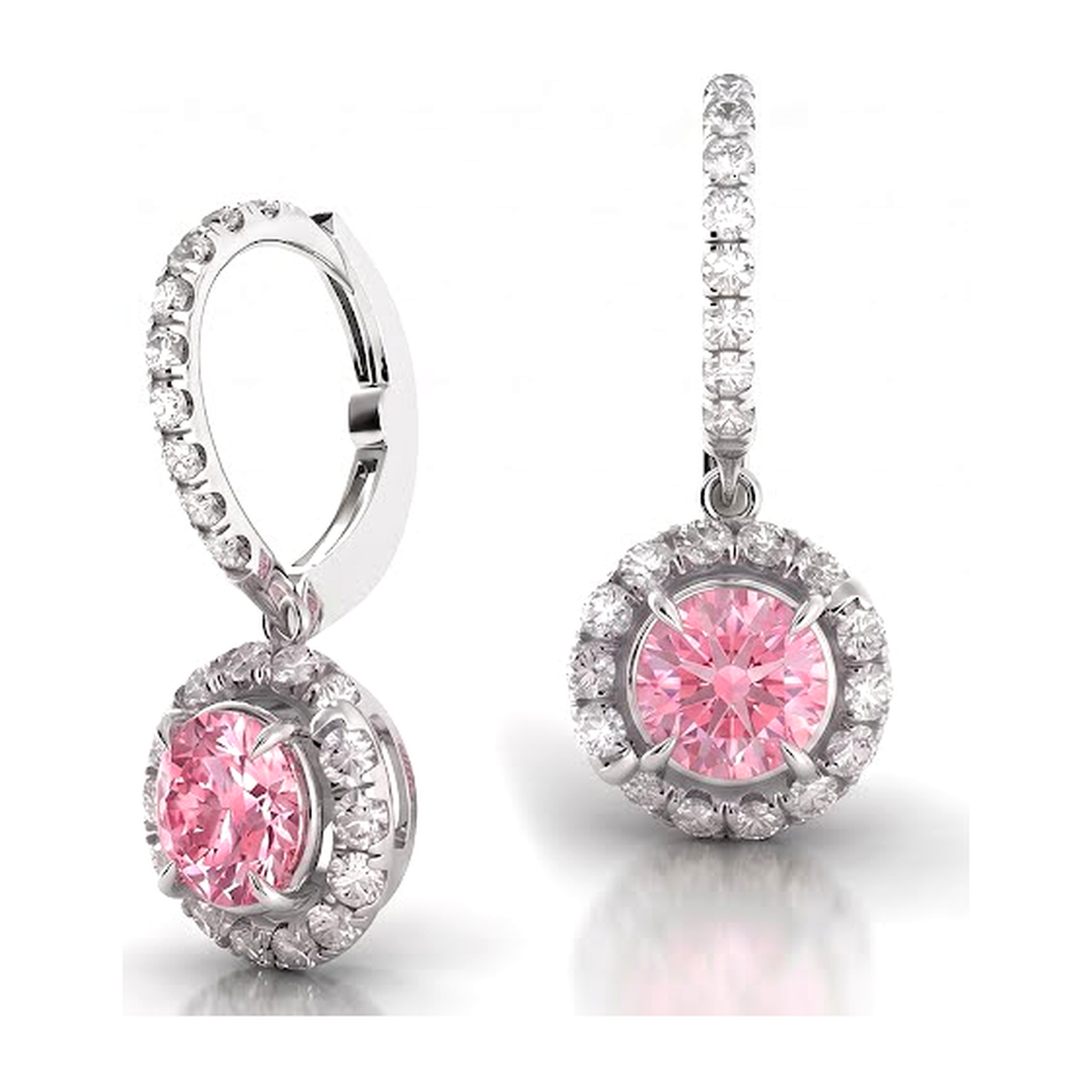 Rosa Diamant-Ohrringe 1,5 Karat im Labor gezüchtet Rund Halo Brisur 14 Karat Weißgold