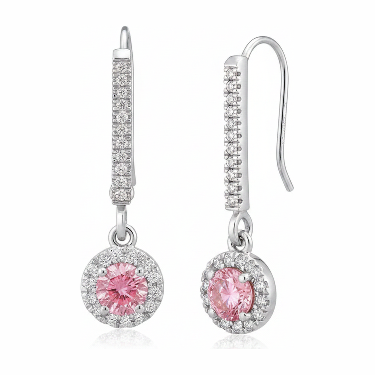 Rosa Diamant-Ohrringe 1,5 Karat im Labor gezüchtet Rund Halo Pavé Klappbrisur 14 Karat Weißgold