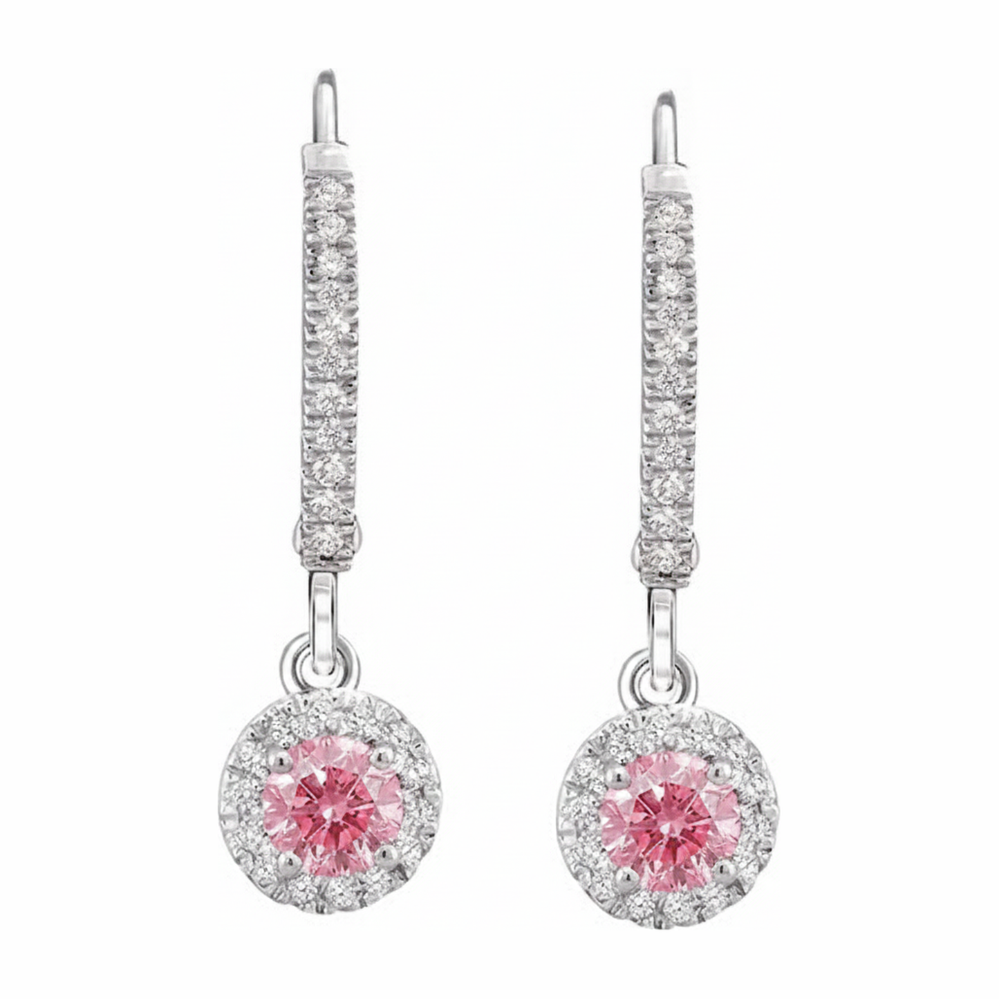Rosa Diamant-Ohrringe 1,5 Karat im Labor gezüchtet Rund Halo Pavé Klappbrisur 14 Karat Weißgold