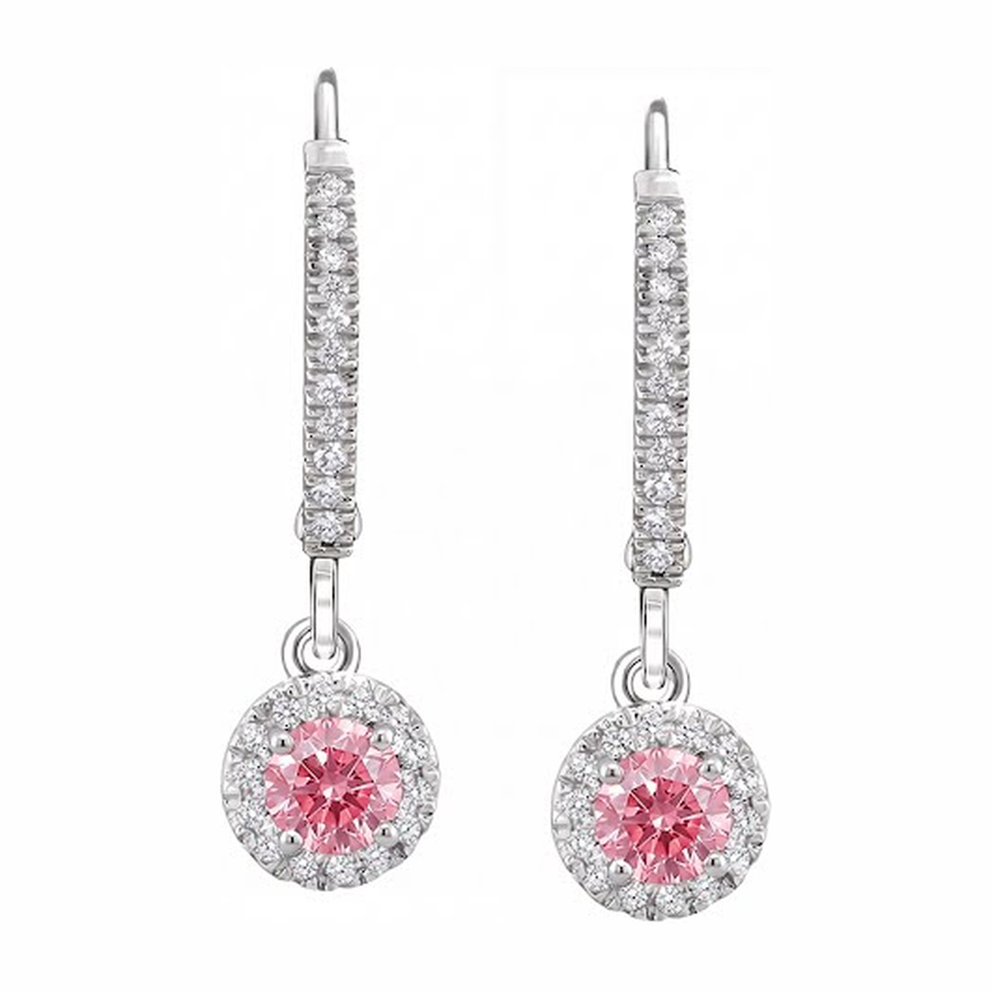 Rosa Diamant-Ohrringe 1,5 Karat im Labor gezüchtet Rund Halo Pavé Klappbrisur 14 Karat Weißgold