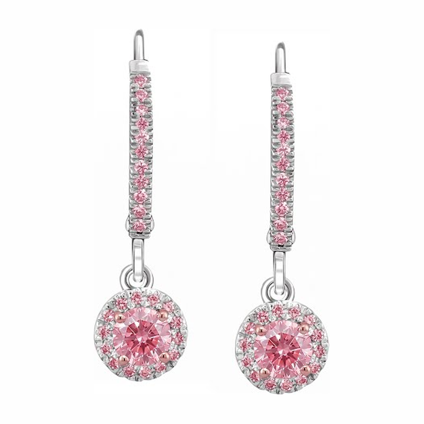 Halo-Ohrringe mit rosa Diamant, 1,5 Karat, im Labor gezüchtet, rund, Pavé, Klappbrisur, 14 Karat Weißgold