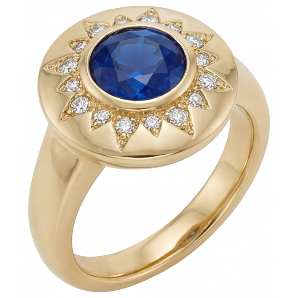Royalblauer Saphir Rund-Brillant Edelstein-Ring in 14K Gelbgold – Frontansicht