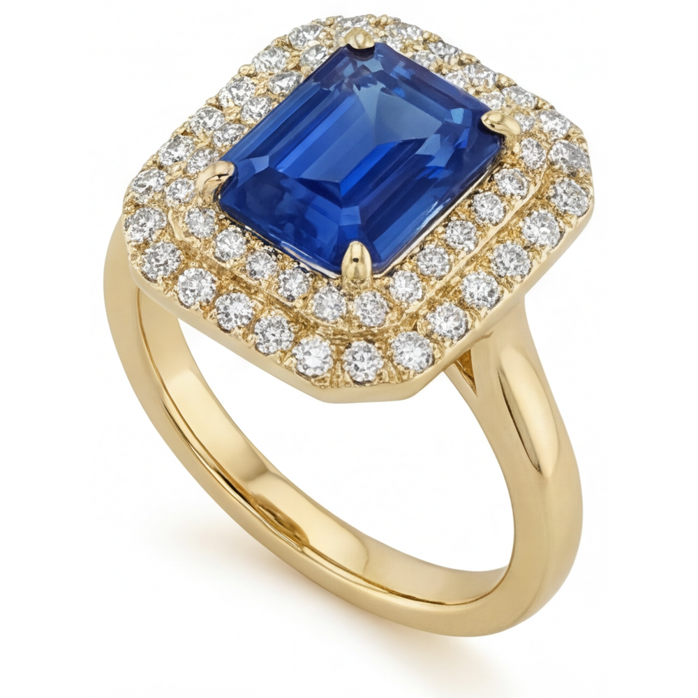 Natürlicher Royalblauer Saphir Edelstein-Ring 4 Karat 14K Gelbgold – Frontansicht