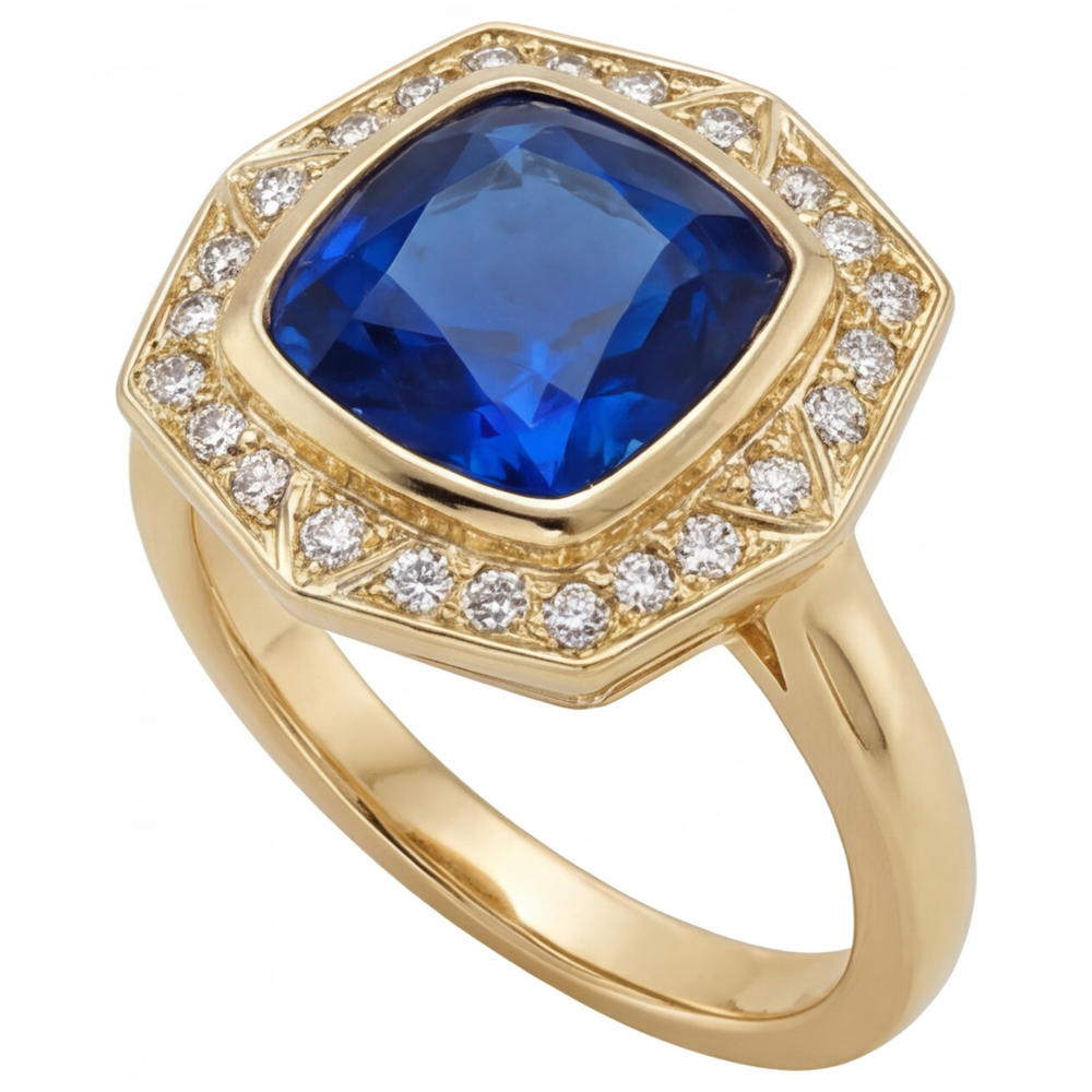 Cushion Royalblauer Saphir Ring in 14K Gelbgold – Seitenansicht
