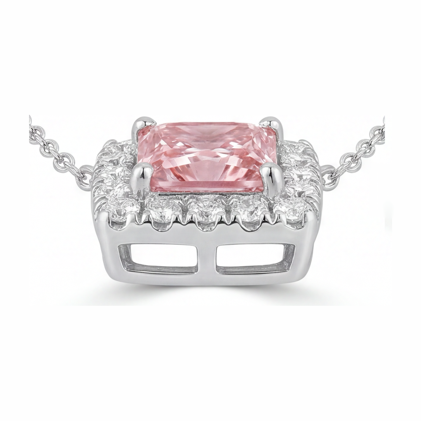 Halskette mit rosa Diamant, 4,5 Karat, im Labor gezüchtet, Radiant Halo Pavé Anhänger, 14 Karat Weißgold
