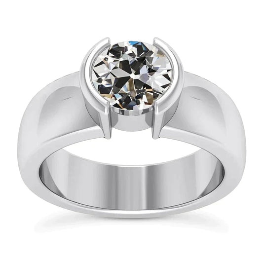 Solitärring Rund Old Miner Echte Diamond Halbe Lünette Breiter Schaft 2 Karat