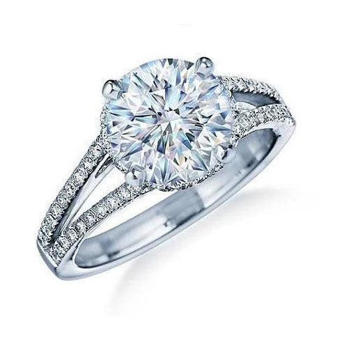 Großer Runder Verlobungsring Mit Verstecktem Halo-Echte Diamant Weißgold 14K