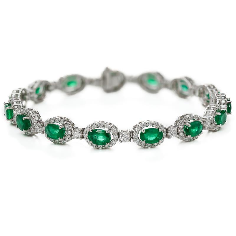 Grüner Smaragd im Ovalschliff mit Diamanten Damen Tennisarmband 14K 8,5 ct.