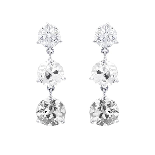 Weißgold 3-Steine-Echte Diamant-Tropfen-Ohrringe Runder Alter Minenschliff 6 Karat