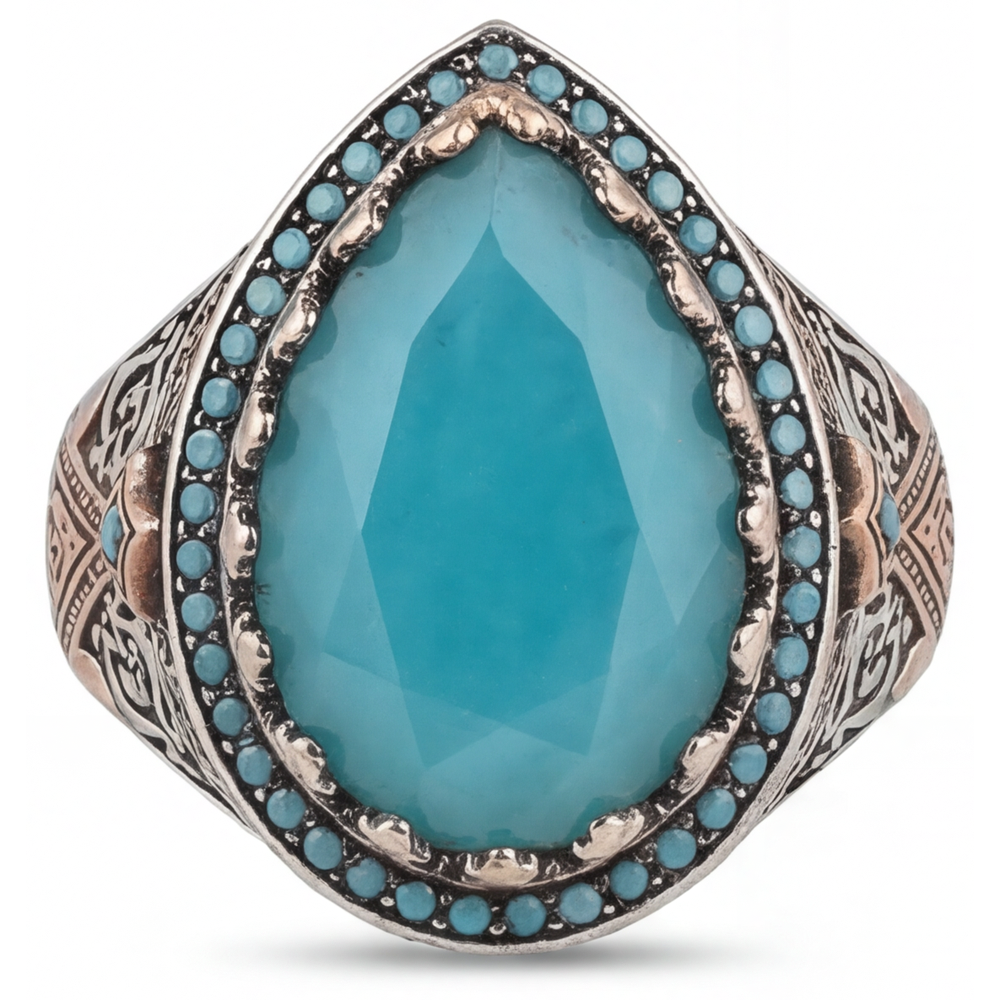 Echter Turquoise Halo-Fassung Ring 8,5 Karat 14 Karat Zweifarbig Gold – Frontansicht