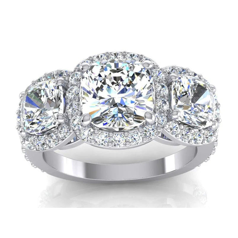 3 Stein Halo Kissen Natürliche Diamant Verlobung Ring Mit Akzenten 