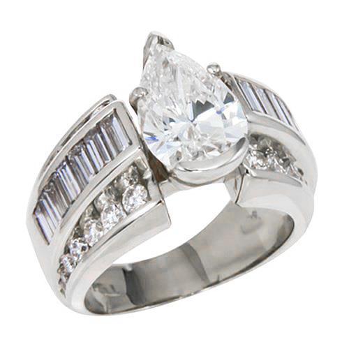 Birne Center Echte Diamant-Verlobungsring Baguettes Auf Schaft 6.01 Ct. WG 14K