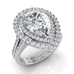 Doppelter Halo-Birnen Echte Diamant Verlobungsring Set Gold 14K 6 Karat
